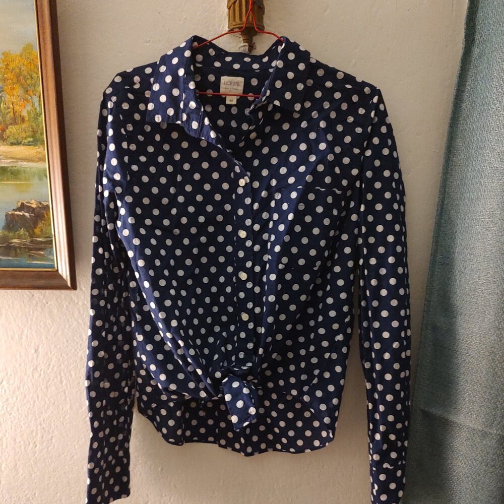 JCrew pockadot dress shirt Navy blue and white